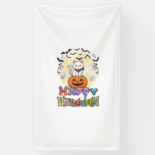 Frohes Halloween Weiße Katze Kürbis Mond Fledermäu Banner