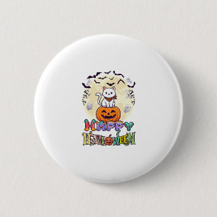 Frohes Halloween Weiße Katze Kürbis Mond Fledermäu Button