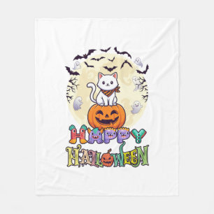Frohes Halloween Weiße Katze Kürbis Mond Fledermäu Fleecedecke