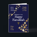Frohes HANUKKAH Peace Liebe Joy Stars HEBREW Feiertagskarte<br><div class="desc">Stilvolle blaue und goldene HANUKKAH GREETING CARD, um Ihrer Familie und Freunden eine Happy Hanukkah zu wünschen, die WISHING YOU A SEHR GLÜCKLICH HANUKKAH in weißer Typografie mit FAMILY, FRIENDS & FUN und FRIACE, LIEBE & JOY in goldener Typografie in den Ecken. PEACE, LIEBE, JOY ist auch in HEBREW geschrieben....</div>