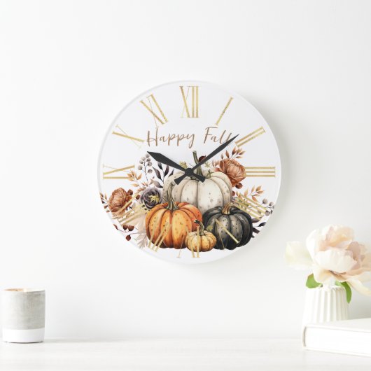 Frohes Herbst Blume und Pumpkins Wasserfarbe Herbs Große Wanduhr (Zuhause)