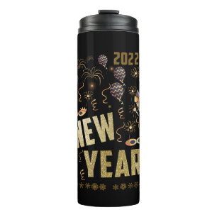 Frohes Neues Jahr 2022, Feiertags-Gold-Glitter Fes Thermosbecher