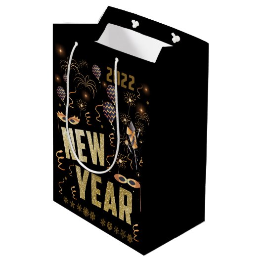 Frohes neues Jahr 2022, Holiday Gold Glitzer Festi Mittlere Geschenktüte (Rückseite Schrägansicht)