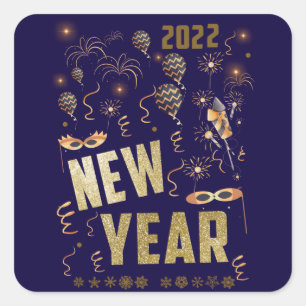 Frohes neues Jahr 2022, Holiday Gold Glitzer Festi Quadratischer Aufkleber