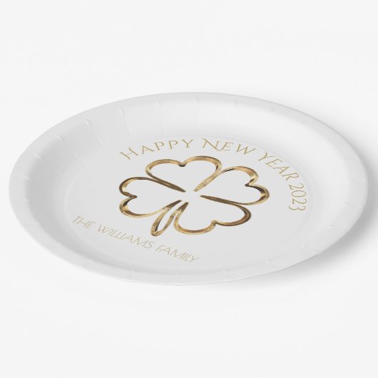 Frohes neues Jahr 2023 oder Ihr Text Vierblättrige Pappteller (Schrägansicht)