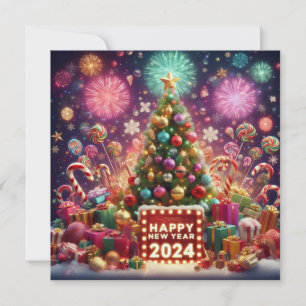 Frohes Neues Jahr 2024 Feuerwerk Weihnachtsbaum St Feiertagskarte
