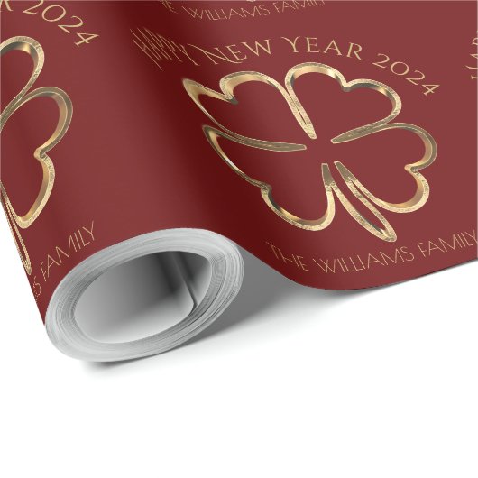 Frohes neues Jahr 2024 oder Ihr Text Vierblättrige Geschenkpapier (Rolleneckpunkt)