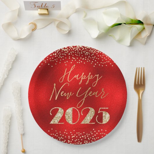 Frohes neues Jahr 2025 Red and Gold Glitzer Diamon Pappteller (Hochzeit)