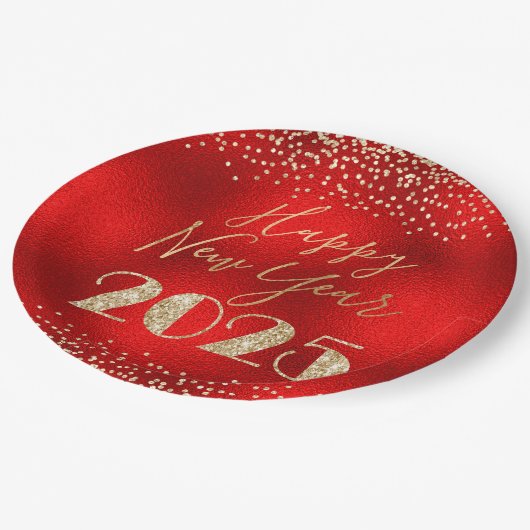 Frohes neues Jahr 2025 Red and Gold Glitzer Diamon Pappteller (Schrägansicht)