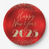 Frohes neues Jahr 2025 Red and Gold Glitzer Diamon Pappteller (Vorderseite)