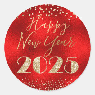 Frohes neues Jahr 2025 Red and Gold Glitzer Diamon Runder Aufkleber