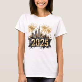 Frohes neues Jahr 2025 Schwarz und Gold, Feuerwerk T-Shirt