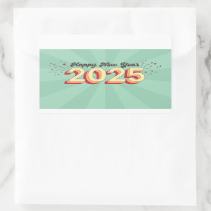 Frohes neues Jahr 2025 Stern groovy Retro-Text Rechteckiger Aufkleber