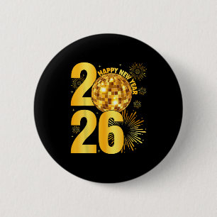 Frohes Neues Jahr 2026 Coquette-Bogen Disco-Kugel Button