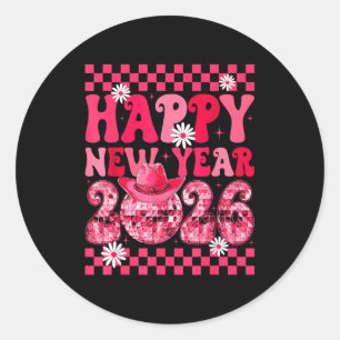 Frohes Neues Jahr 2026 Cowgirl Cowboy Disco Ball M Runder Aufkleber