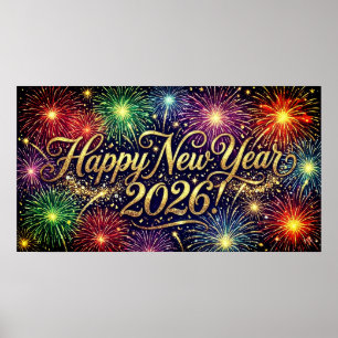 Frohes Neues Jahr 2026 Dekorative Kunst - Feuerwer Poster