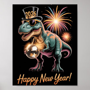 Frohes Neues Jahr 2026 Dinosaurier Lustiger Dino-S Poster