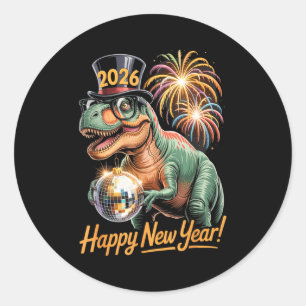 Frohes neues Jahr 2026 Dinosaurier Lustiges T-Rex Runder Aufkleber