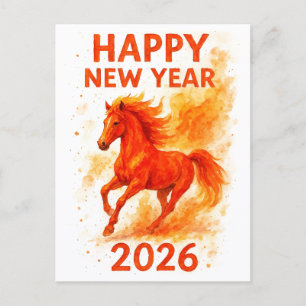 Frohes Neues Jahr 2026 Feuerpferd Wasserfarben Pos Feiertagspostkarte
