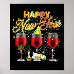 Frohes Neues Jahr 2026 Gläser mit Wein Feuerwerk N Poster