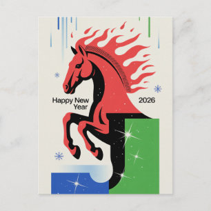 Frohes Neues Jahr 2026 Karte Rotes Pferd Vintage-S