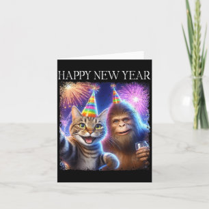Frohes neues Jahr 2026 Lustige Katze Bigfoot Party Karte