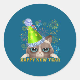Frohes neues Jahr 2026 Lustige Katze Silvester Hut Runder Aufkleber
