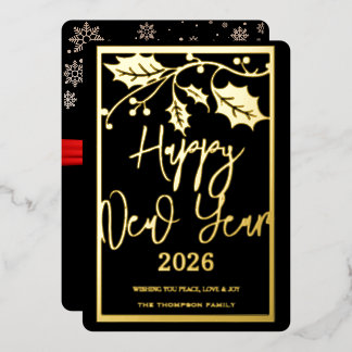 Frohes Neues Jahr 2026, rotes Band Folien Feiertagskarte