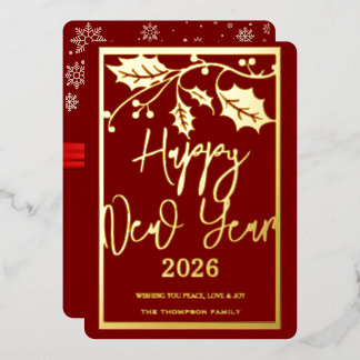 Frohes Neues Jahr 2026, rotes Band Folien Feiertagskarte