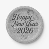 Frohes neues Jahr 2026 Silvery Glitzer & Black Pappteller (Vorderseite)