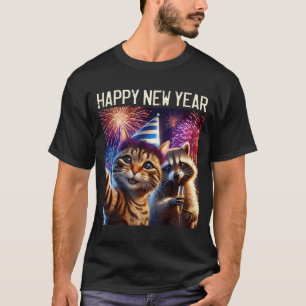 Frohes Neues Jahr 2026 Süße Katze Waschbär-Feier T-Shirt