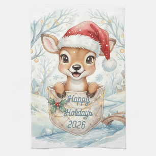 Frohes Neues Jahr 2027 mit Santa Hirsch Geschirrtuch