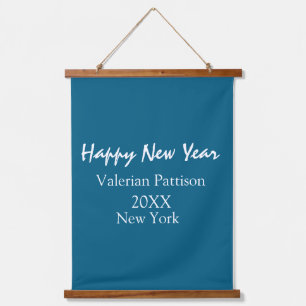 Frohes neues Jahr blau Name Ort Jahr Boho einfach Wandteppich Mit Holzrahmen