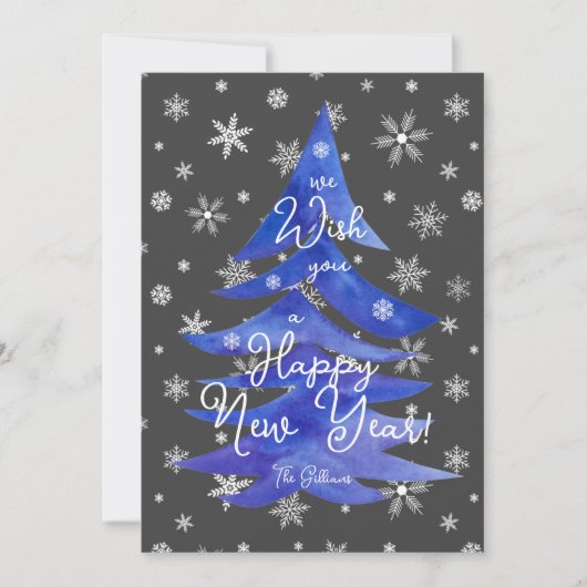 Frohes neues Jahr blauer Baum Feiertagskarte (Vorderseite)