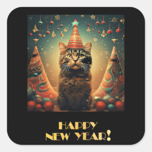 Frohes neues Jahr, Cat Design, Quadratischer Aufkleber