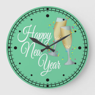 Frohes neues Jahr, Champagner & Konfetti Große Wanduhr