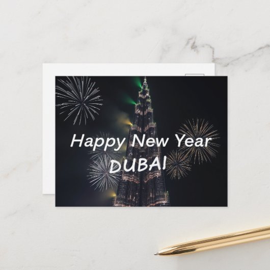 Frohes neues Jahr Dubai Feuerwerk Feier Postkarte (Vorderseite/Rückseite Beispiel)