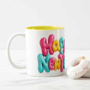Frohes neues Jahr Farbige Blasen-Schriftzug-Druck Zweifarbige Tasse