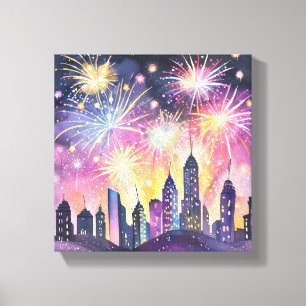 Frohes neues Jahr   Feuerwerk Stadt Nacht Aquarell Leinwanddruck