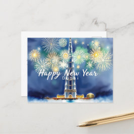 Frohes neues Jahr Feuerwerk über Dubais Skyline Postkarte