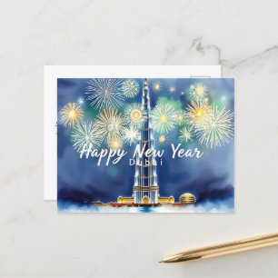 Frohes neues Jahr Feuerwerk über Dubais Skyline Postkarte