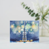 Frohes neues Jahr Feuerwerk über Dubais Skyline Postkarte (Stehend Vorderseite)