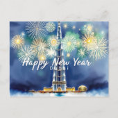 Frohes neues Jahr Feuerwerk über Dubais Skyline Postkarte (Vorderseite)