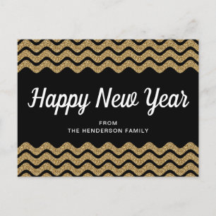 Frohes neues Jahr Gold Glitter Schwarz Chevron Str Postkarte