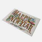 Frohes Neues Jahr in Baumstämmen, Kornen und Blume Fußmatte (Schrägansicht)