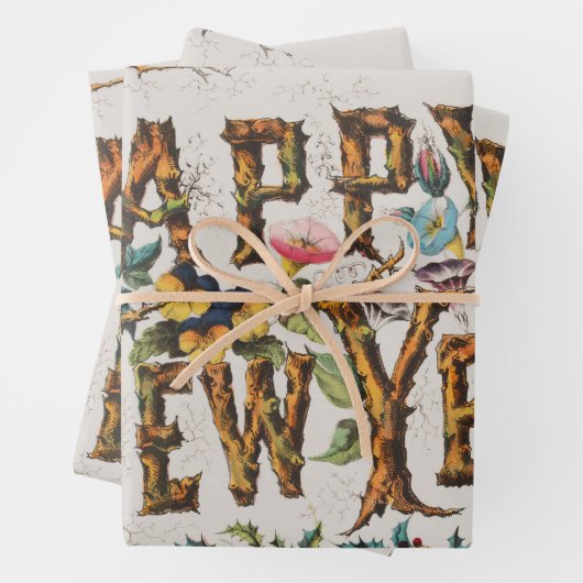 Frohes Neues Jahr in Baumstämmen, Kornen und Blume Geschenkpapier Set (Beispiel)