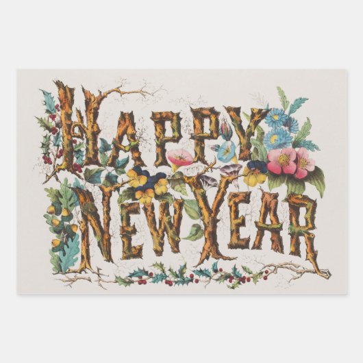 Frohes Neues Jahr in Baumstämmen, Kornen und Blume Geschenkpapier Set (Vorderseite)