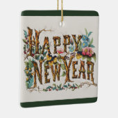 Frohes Neues Jahr in Baumstämmen, Kornen und Blume Keramikornament (Rechts)