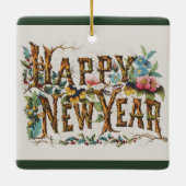 Frohes Neues Jahr in Baumstämmen, Kornen und Blume Keramikornament (Rückseite)