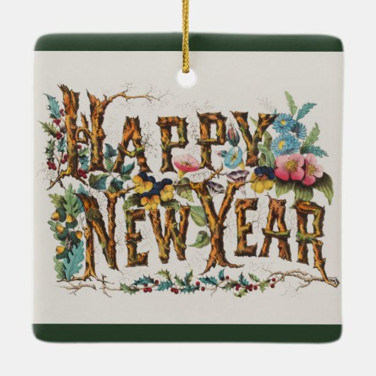 Frohes Neues Jahr in Baumstämmen, Kornen und Blume Keramikornament (Rückseite)